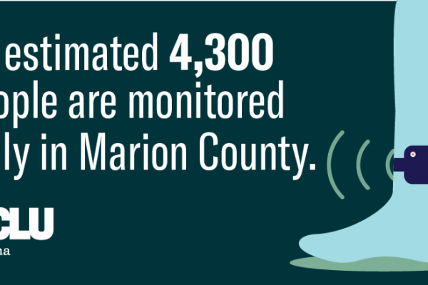Ankle with electronic monitor and text reading An estimated 4,300 people are monitored daily in Marion County.