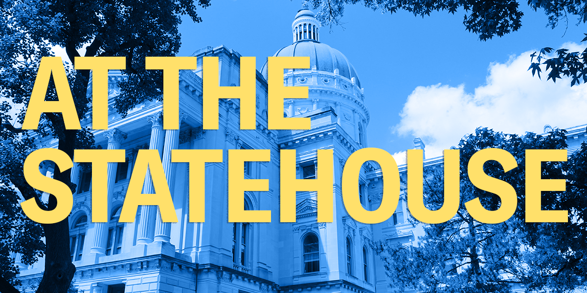 The Indiana Statehouse with header text
