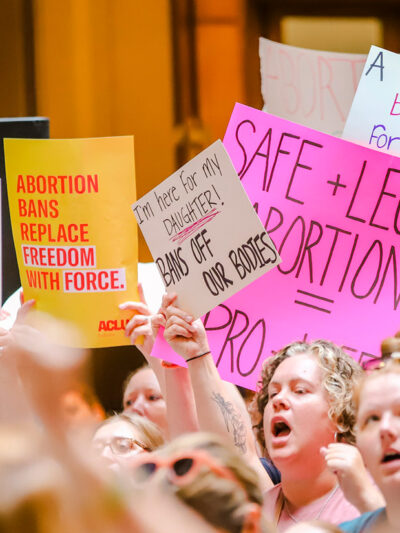 Protestors inside the Indiana Statehouse supporting abortion access