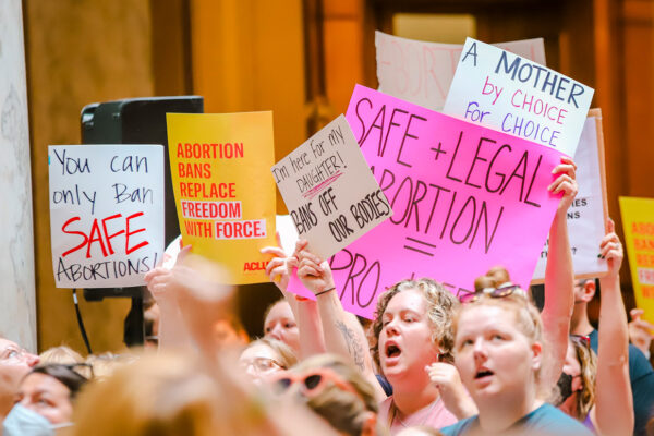 Protestors inside the Indiana Statehouse supporting abortion access