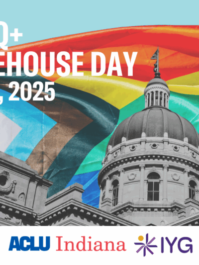 LGBTQ Statehouse Day Jan. 30, 2025. Image features statehouse in front of a Progress Pride Flag