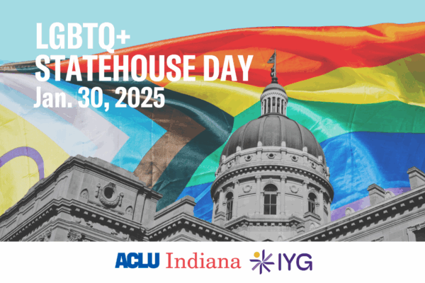LGBTQ Statehouse Day Jan. 30, 2025. Image features statehouse in front of a Progress Pride Flag