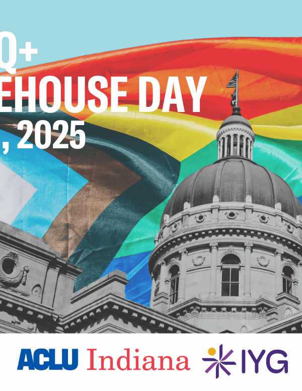 LGBTQ Statehouse Day Jan. 30, 2025. Image features statehouse in front of a Progress Pride Flag