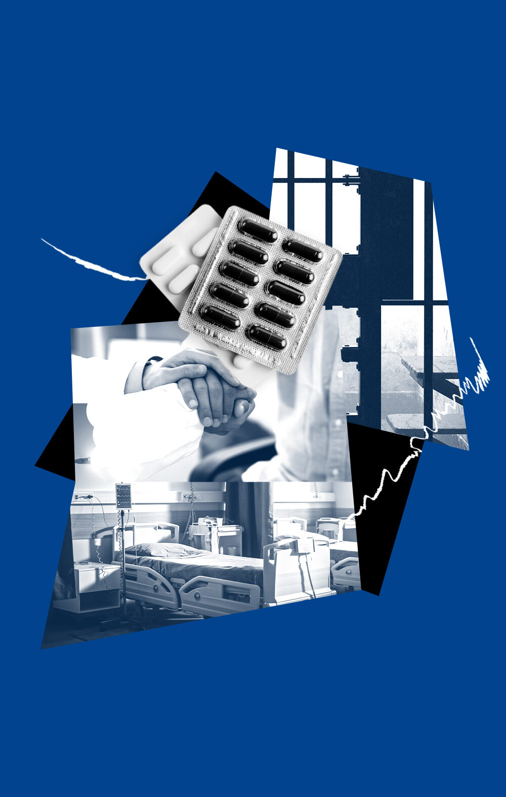 Collage on a blue background showing prescription pills, a hospital bed, a doctor holding a patient’s hand, and barred windows, illustrating medical care and health conditions inside immigration detention or correctional facilities.