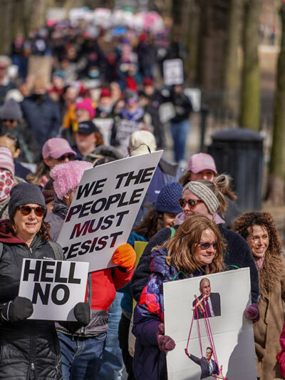 Demonstrators marching in celebration of International Women's Day.