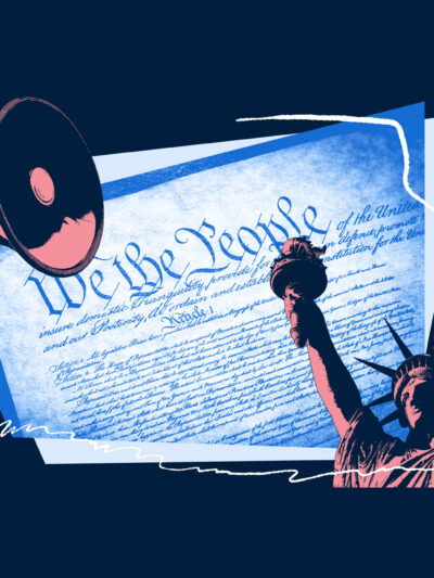 A graphic containing images pertaining to the Declaration of Independence and civil liberties.