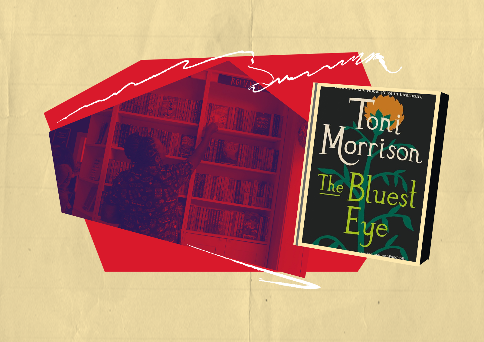 The Bluest Eye book and an image of a person at a bookshelf.
