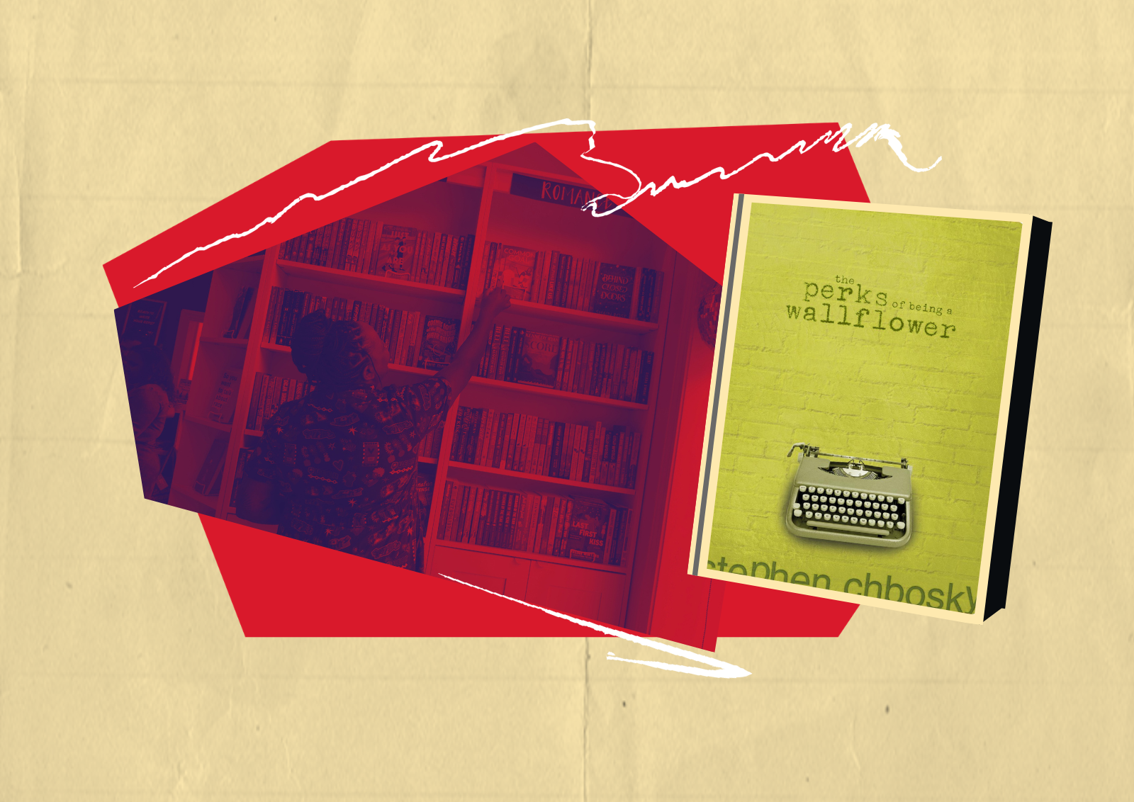 The Perks of Being of Wallflower book and an image of a person at a bookshelf.