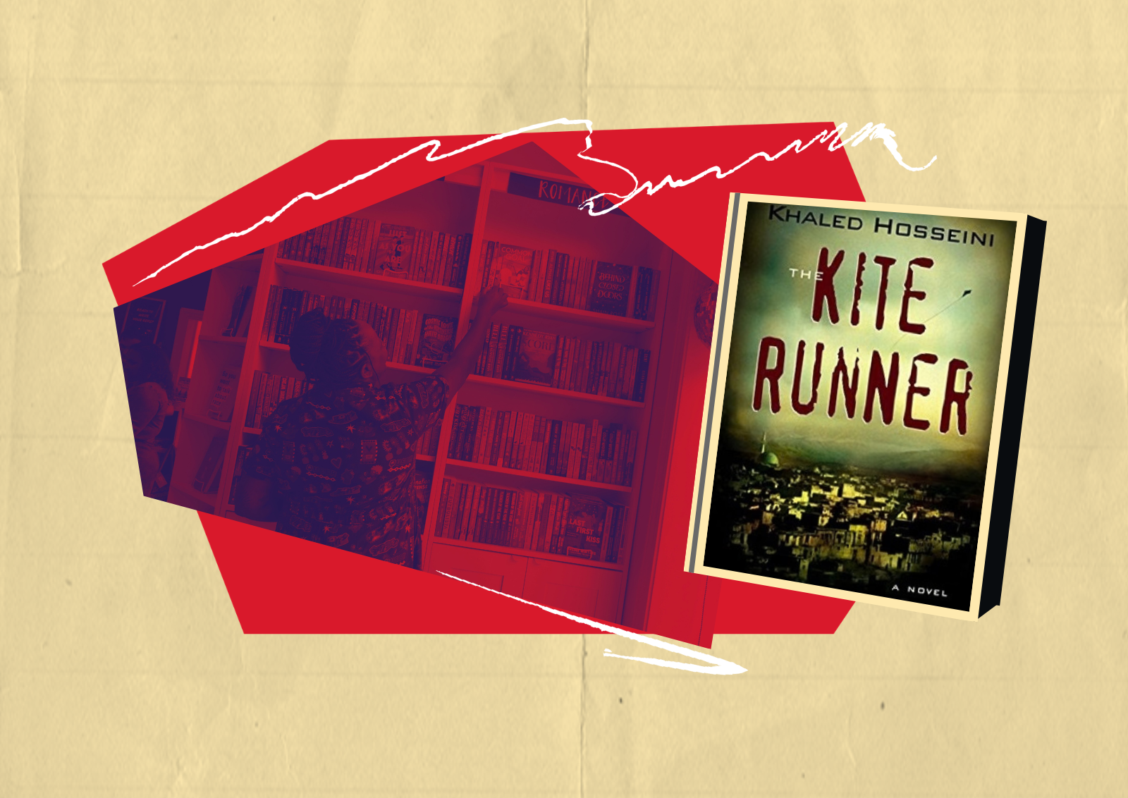 The Kite Runner book and an image of a person at a bookshelf.