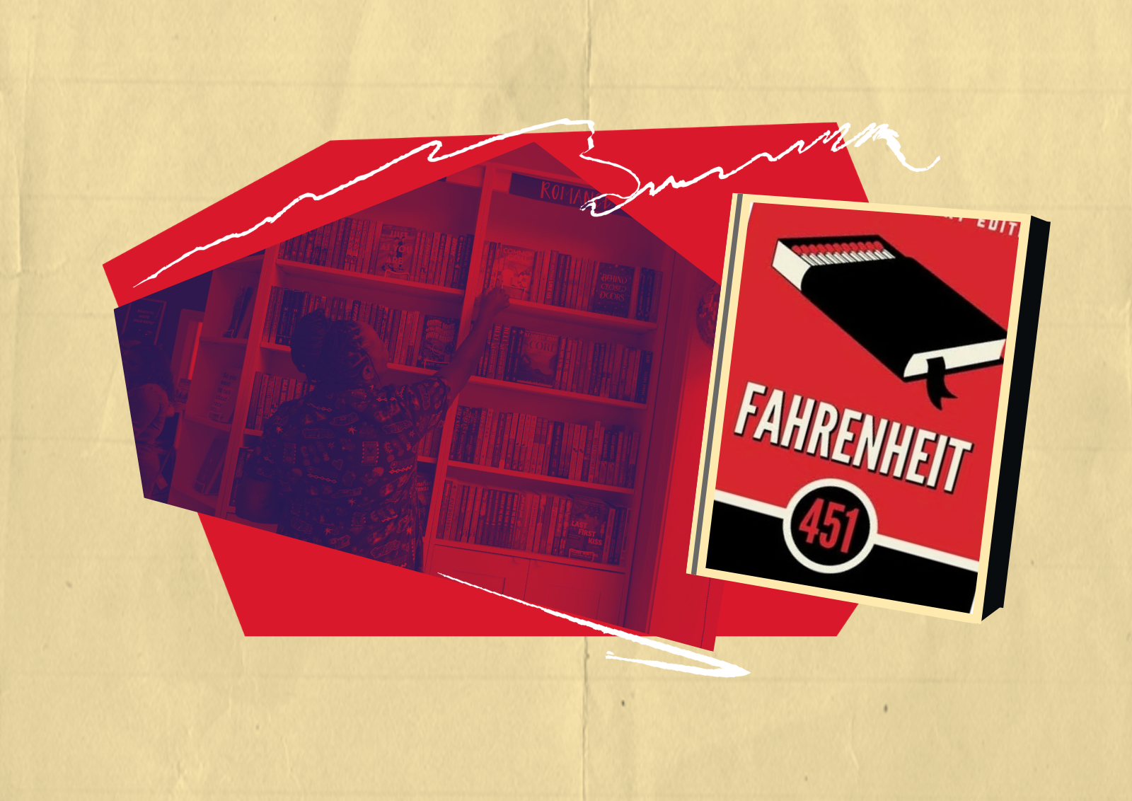 Fahrenheit 451 book and an image of a person at a bookshelf.