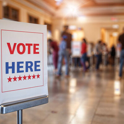 Vote here sign with people in the background.