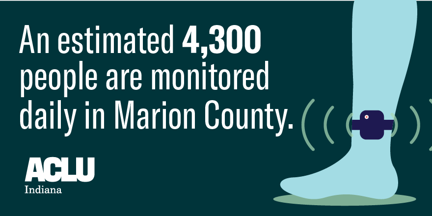 Ankle with electronic monitor and text reading An estimated 4,300 people are monitored daily in Marion County.
