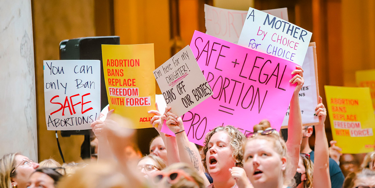 Protestors inside the Indiana Statehouse supporting abortion access