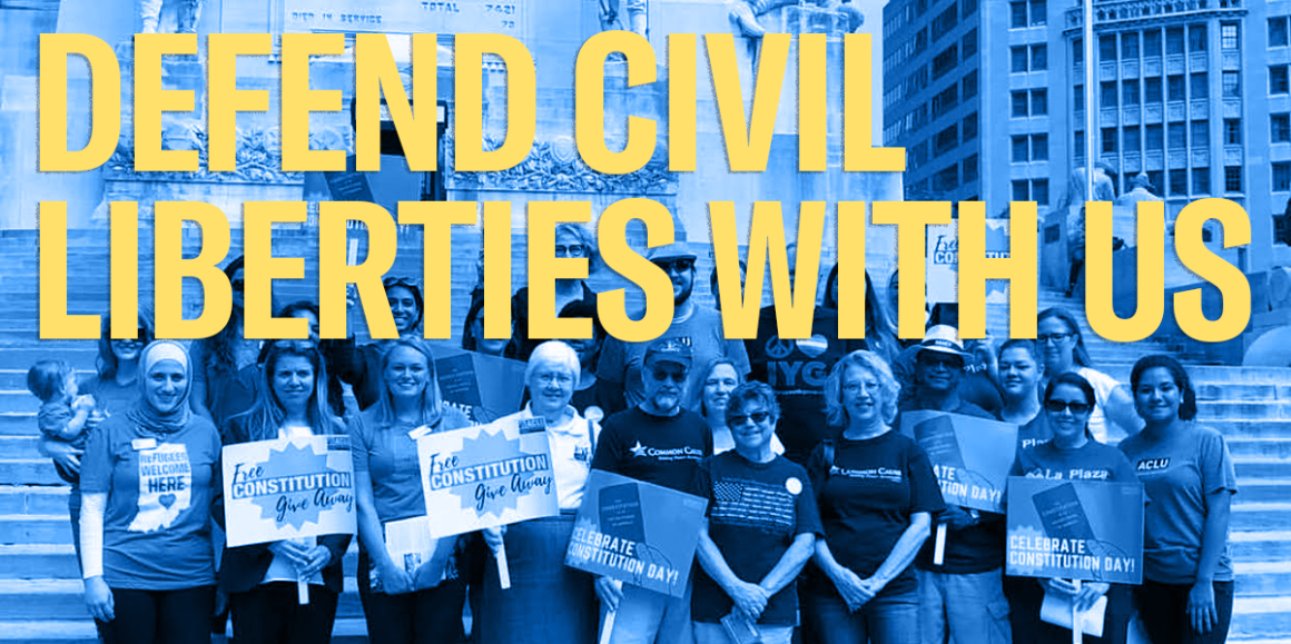 a group of ACLU of Indiana volunteers with constitution day signs and header that read "defend civil liberties with us"