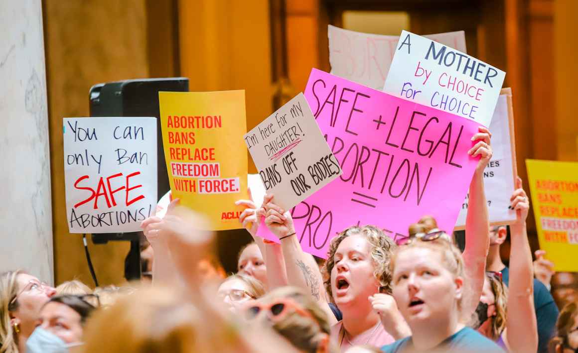 Protestors inside the Indiana Statehouse supporting abortion access