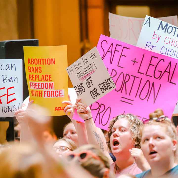 Protestors inside the Indiana Statehouse supporting abortion access